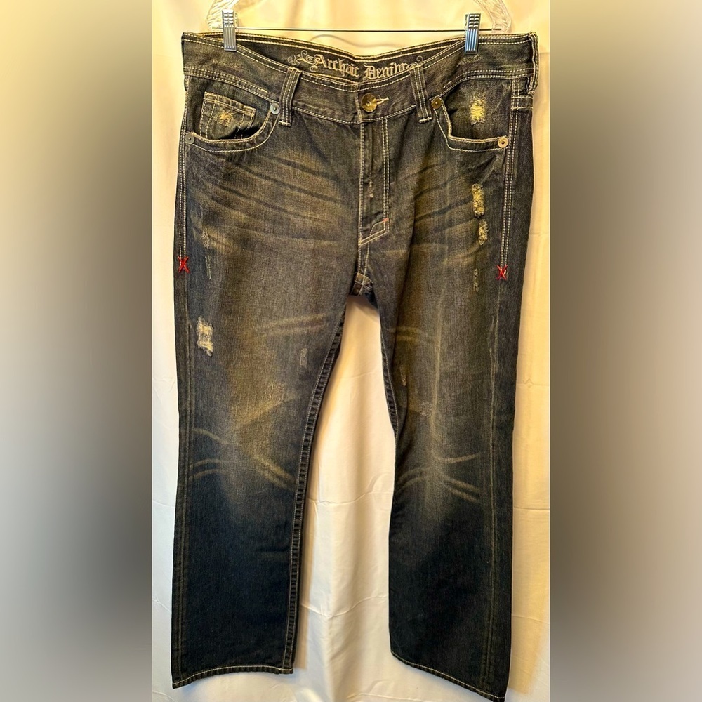 Archaic Jeans Mens 38x34.5 Blue Cross Embroidered Distressed Denim Pants Y2K VTG
